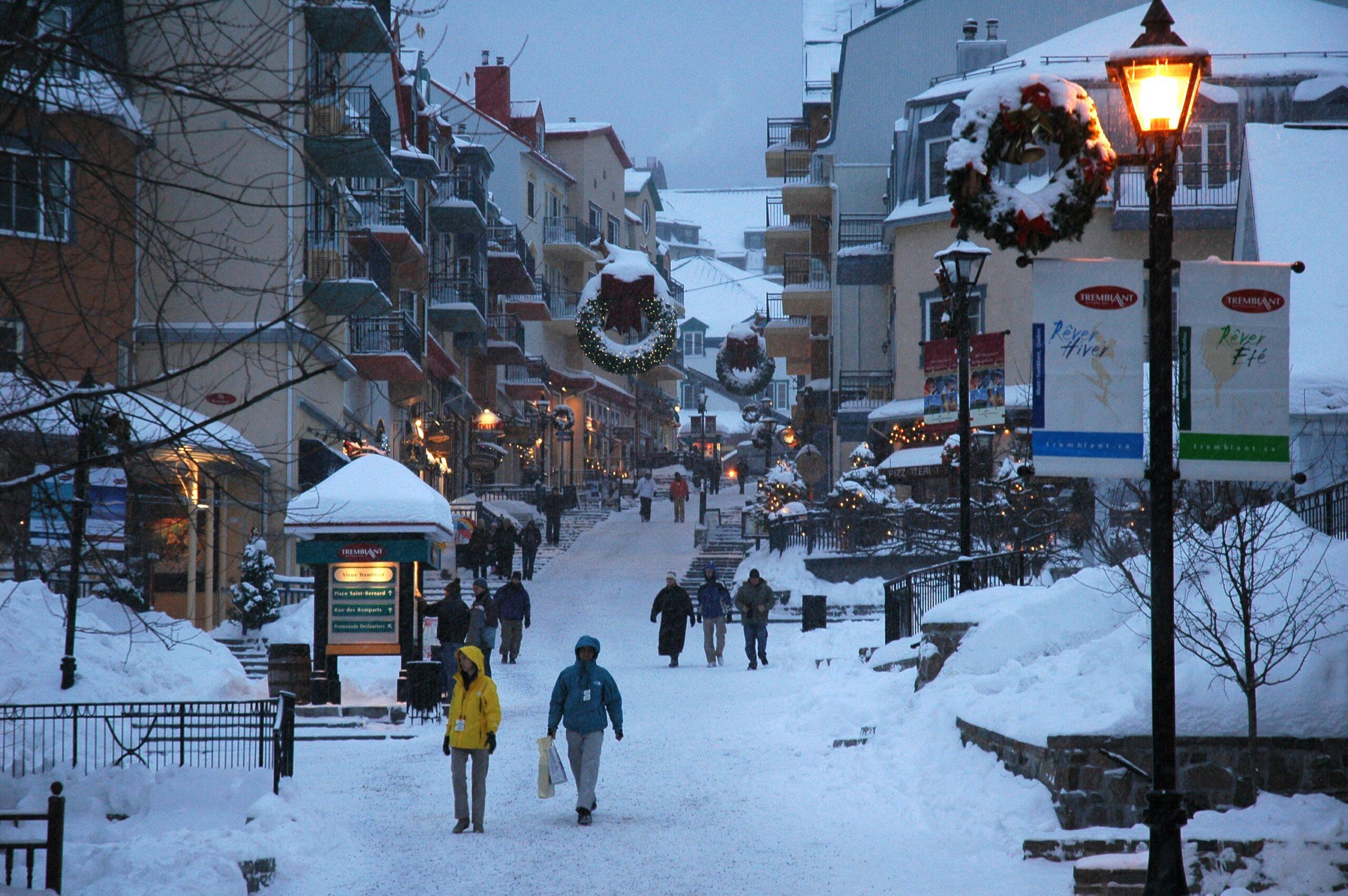 Ski resort street at dusk, Mont-Tremblant.