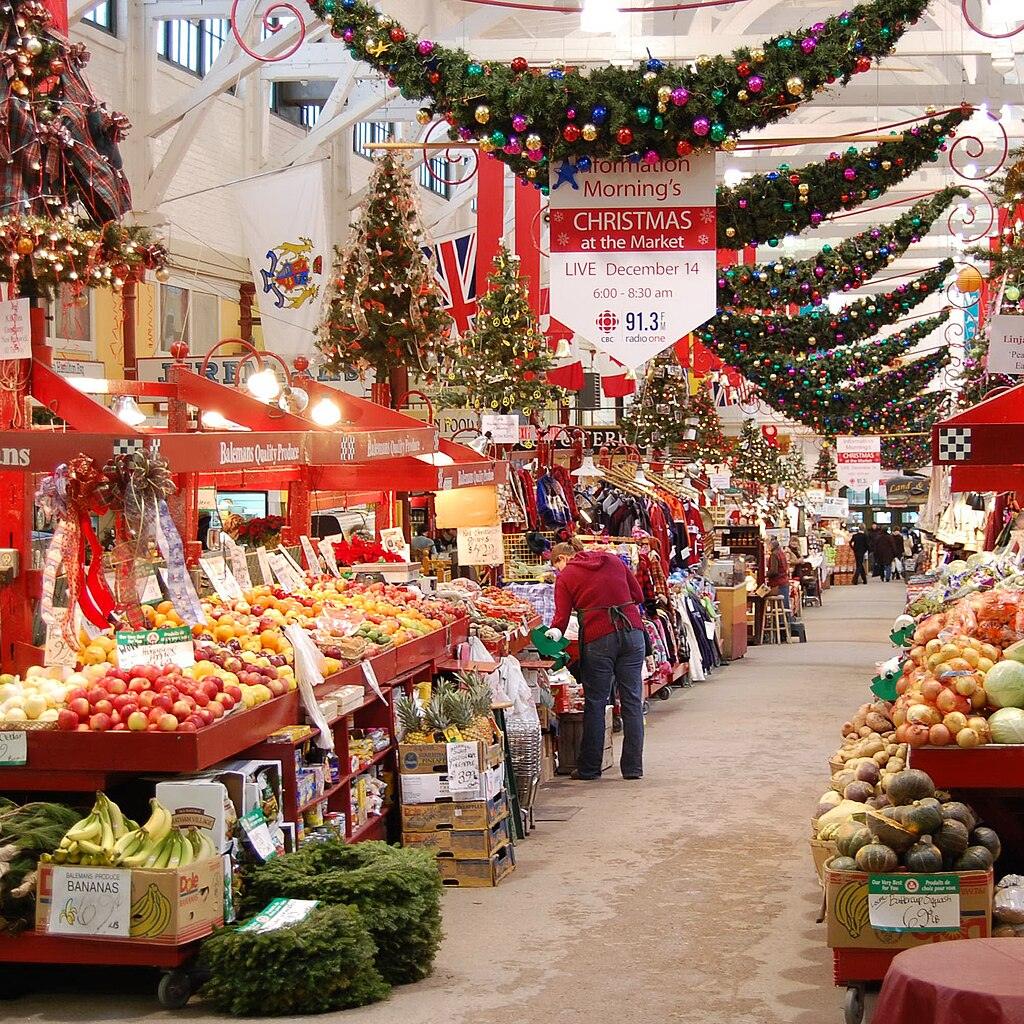 Interior of St John's Market at Christmas